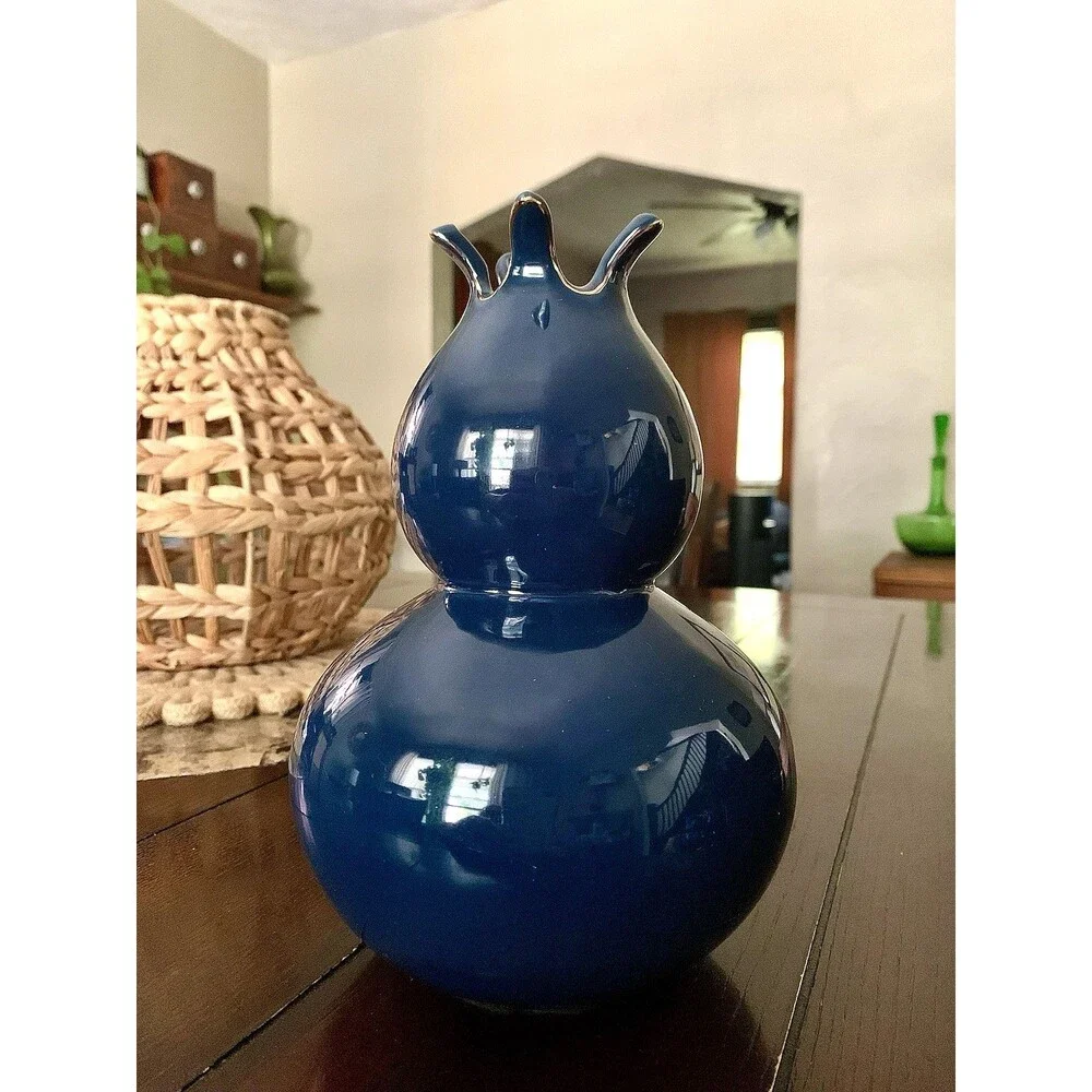 Cobalt Blue Gourd Vase Glossy Pomegranate Ceramic Dark Academia Mood Maximalist